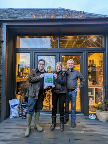 (left-to-right) Craig Hoy MSP outside of Carfrae Farm Shop with owners Trudi Cueto and Eric Linklater